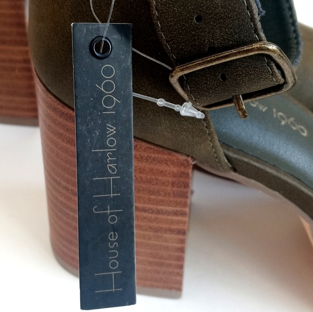 House of Harlow 1960 Olive Green Square Toe Ankle Strap Platform Heels 8M - Picture 7 of 16